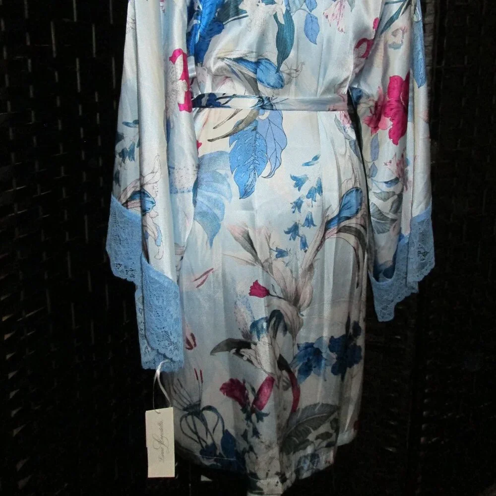 Linea Donatella Ayanna Satin Lace-Trim Robe Blue Floral NWT Sz L/XL - Picture 6 of 7
